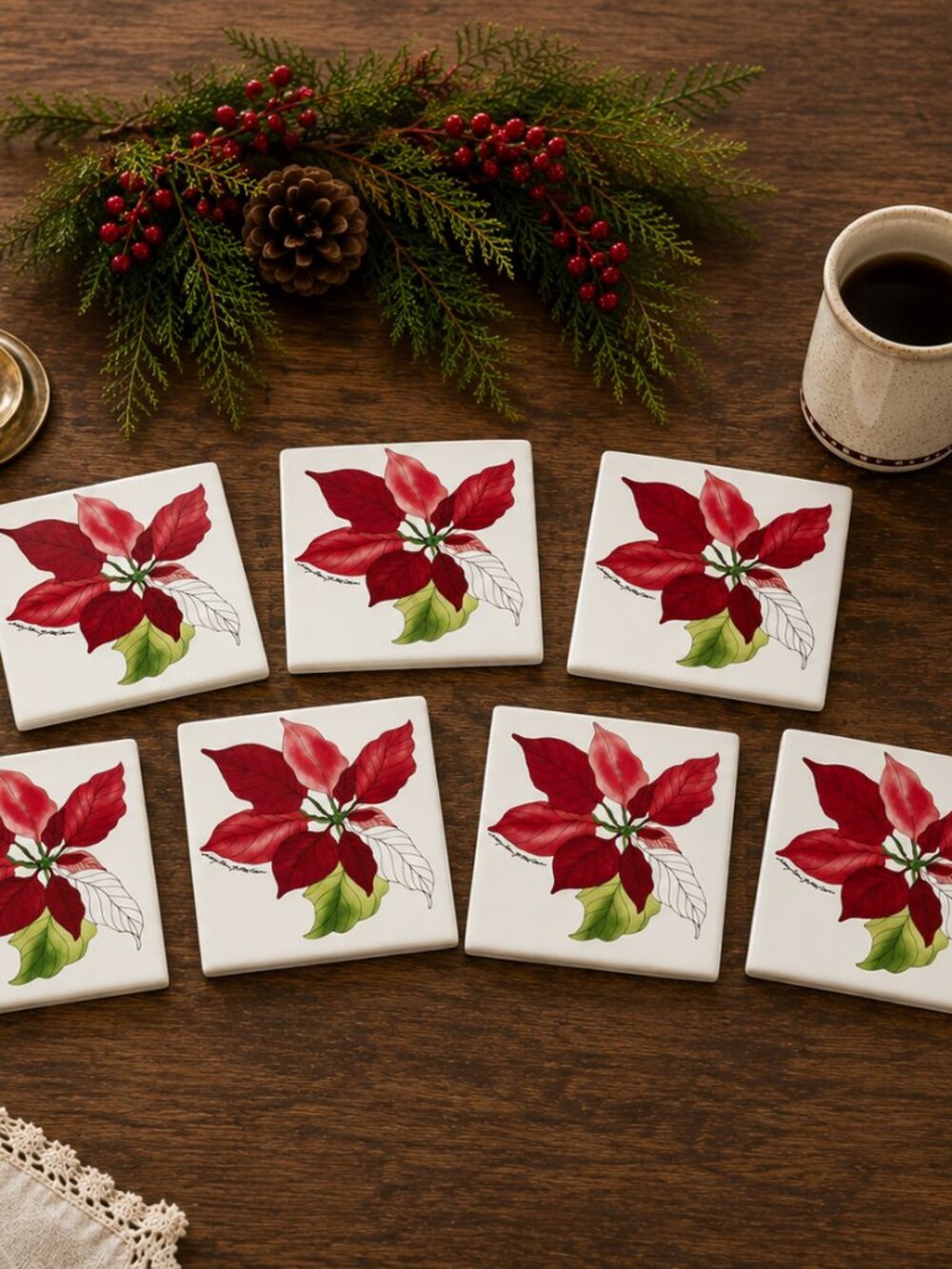 Vintage Mary Lou Goertzen Poinsettia Tile Coasters — Set of 7